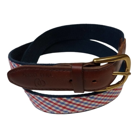 Olly Oxen Red Blue Gingham Leather Belt Size 40 / 100 - Picture 2 of 6